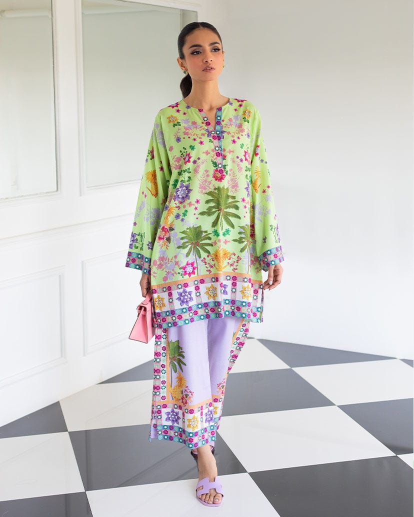 VIBRANT FLORAL PRINT LAWN KURTA - LIME GREEN