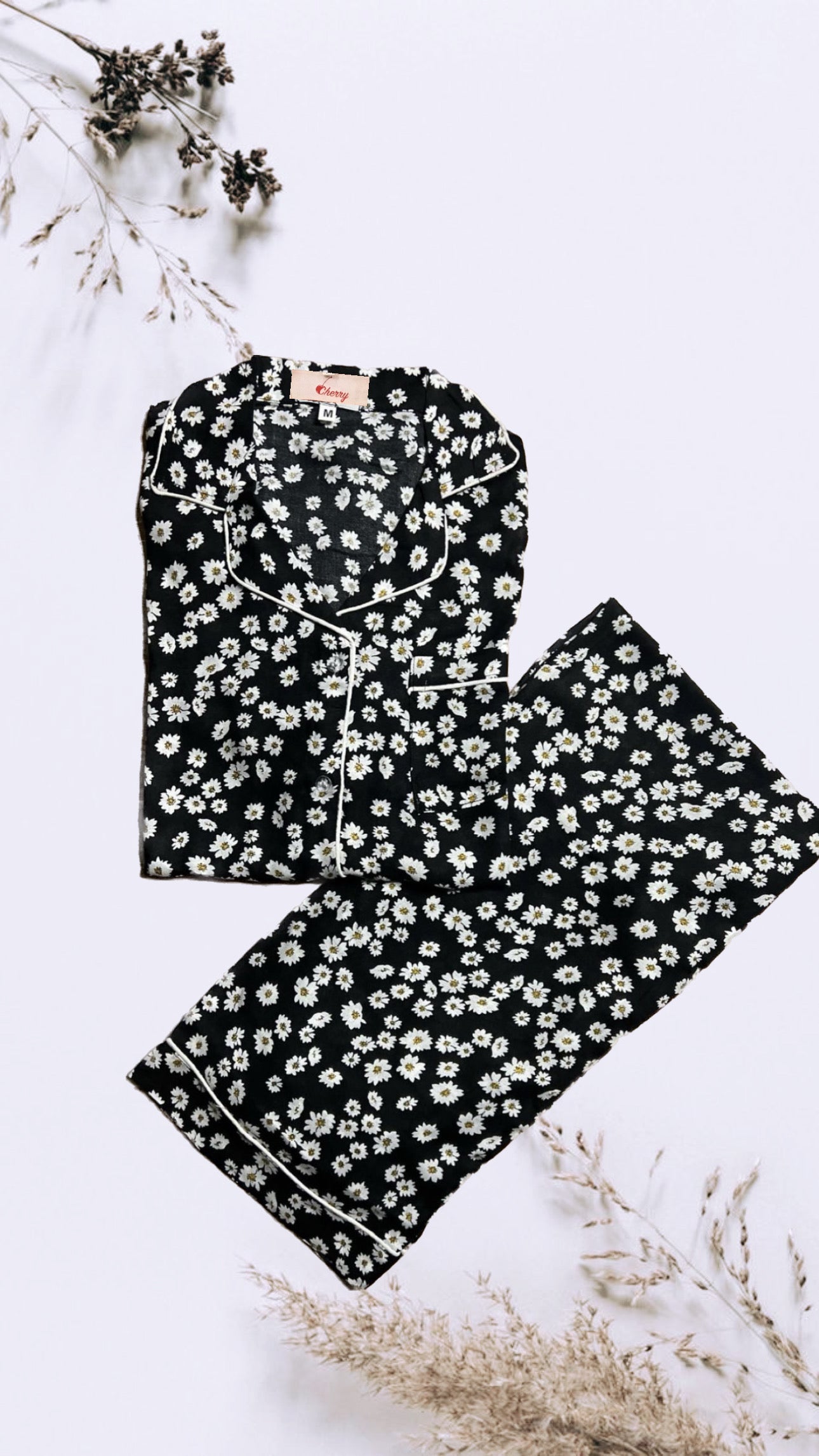 Black floral premium linen pjs