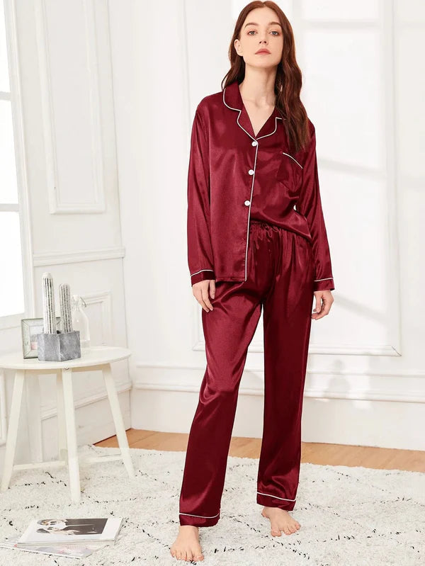 Maroon Plain Silk pjs with white piping trim