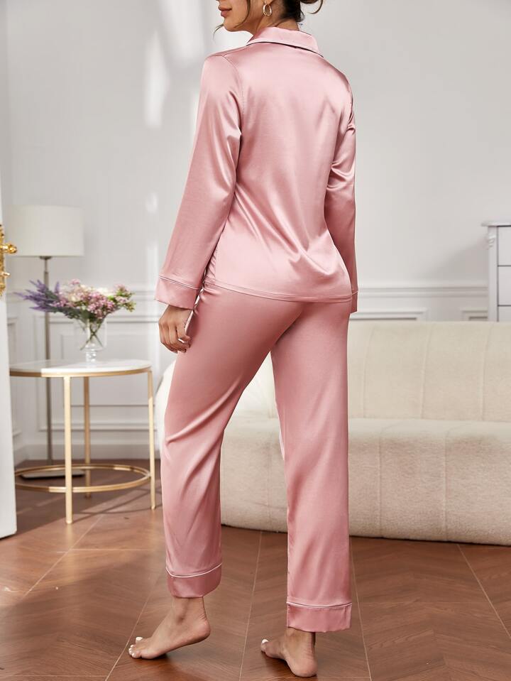 Pink Silk pjs with white piping trim