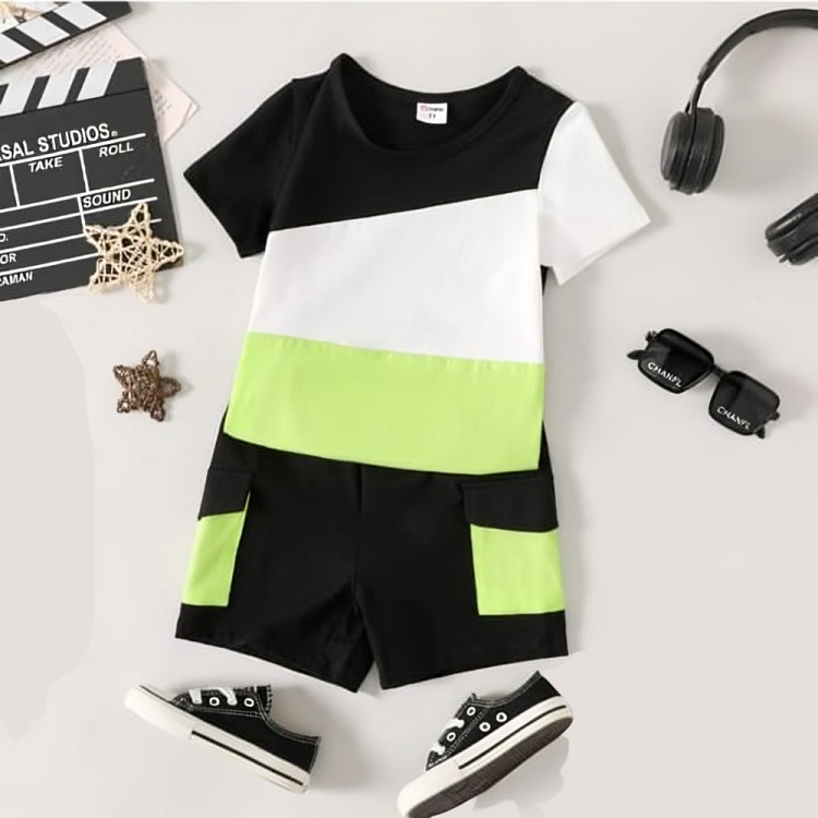 Black Light Green and White Panel T-shirt Shorts Set