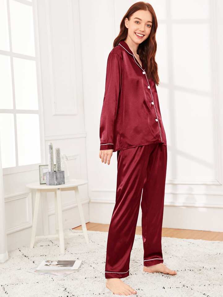 Maroon Plain Silk pjs with white piping trim