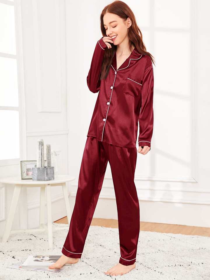 Maroon Plain Silk pjs with white piping trim