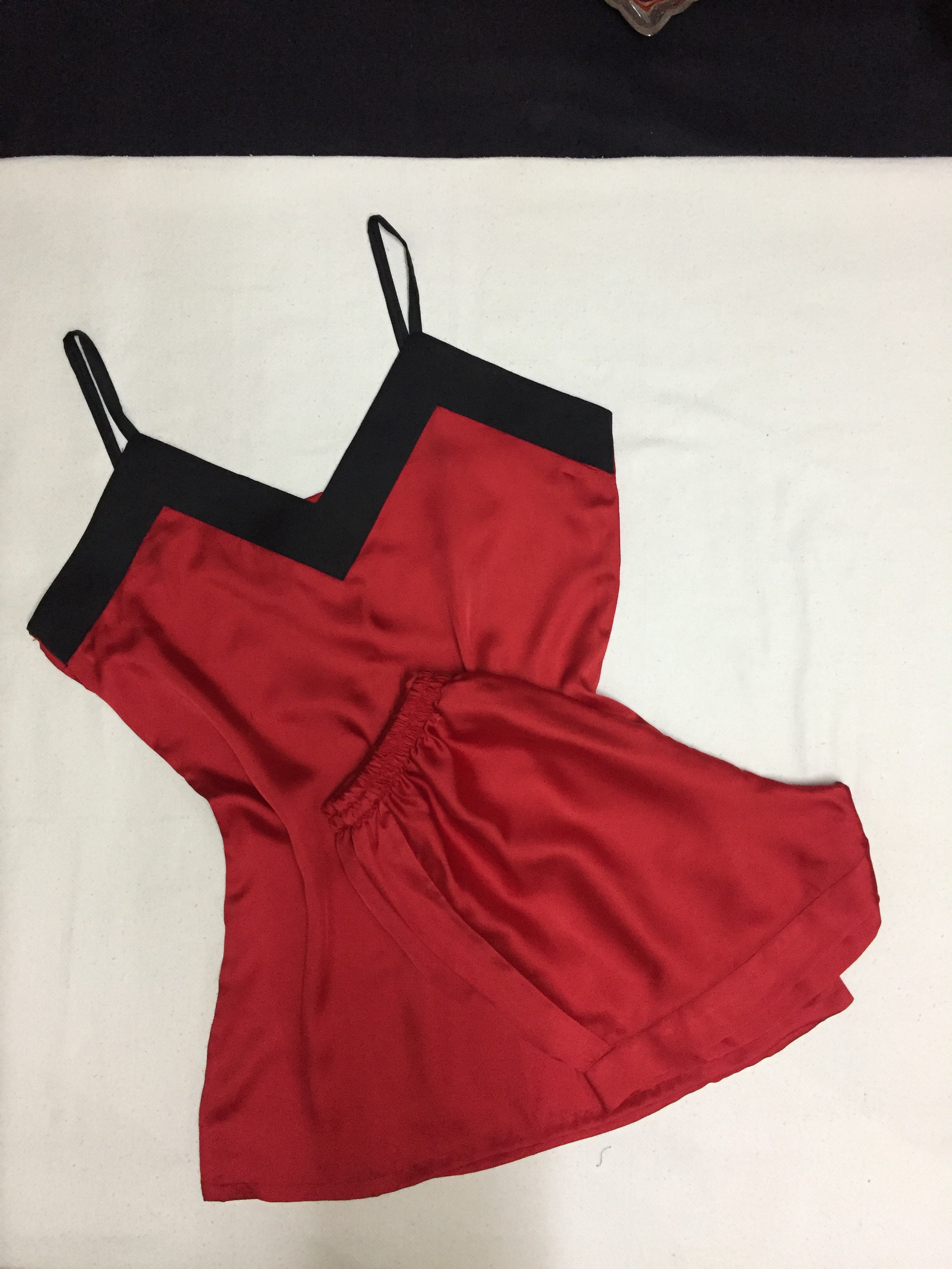 Black trim Red silk camisole & shorts