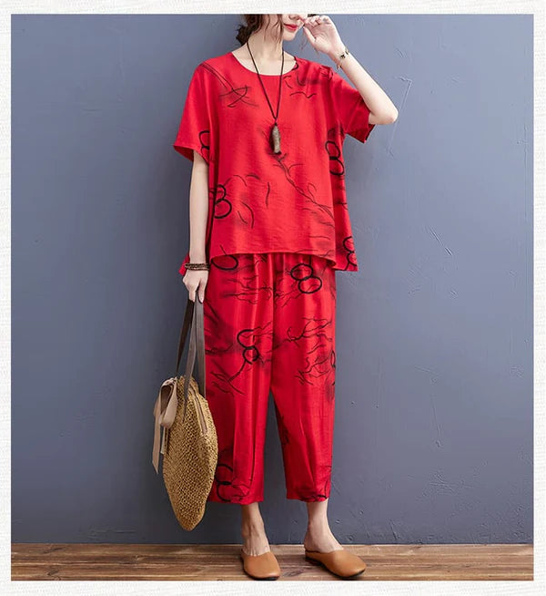 Red Black Circle Printed Capri PJ Nightsuit