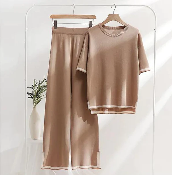 Coffee Brown Slit Short Sleeve with Palazzo For Women PJ Set