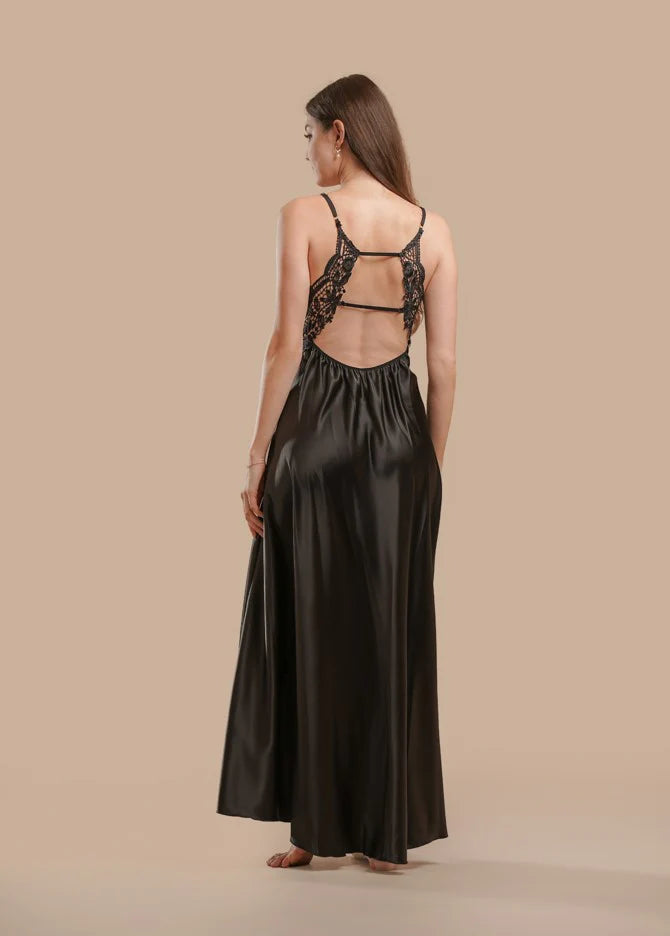 Long Night Dress Satin & Lace - Black