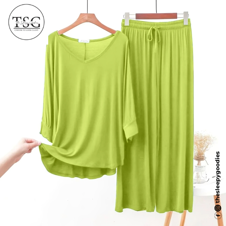 Highlight Green V-Neck Palazzo Lounge Wear For Women PJ Set