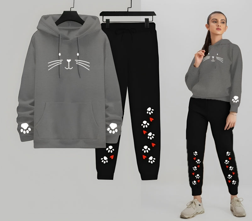 Meow Cat Printed Women Hoodie Trouser Tracksuit