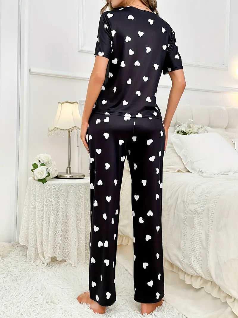 Black White Heart Printed Ladies Night Suit