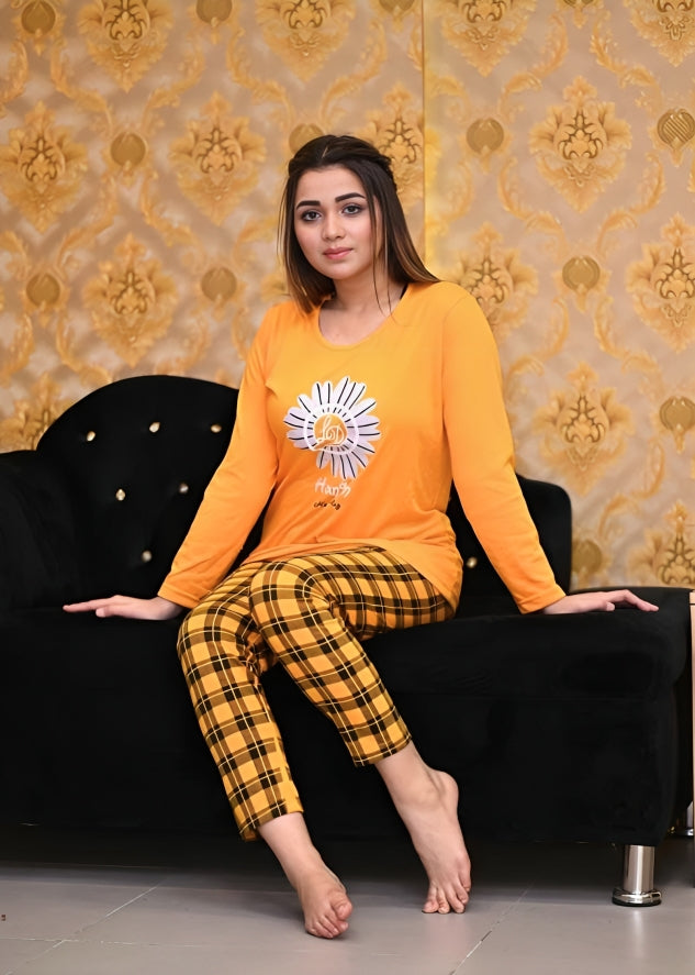 Yellow Flower Check Sleeping Wear Pajama