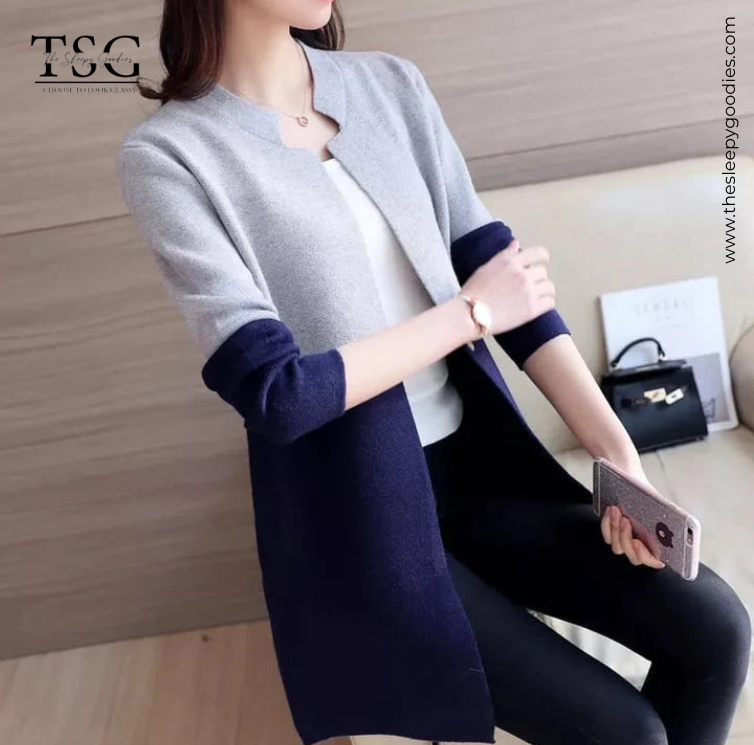 DOUBLE COLOR BLUE GREY WOMEN CARDIGAN CASUAL COAT