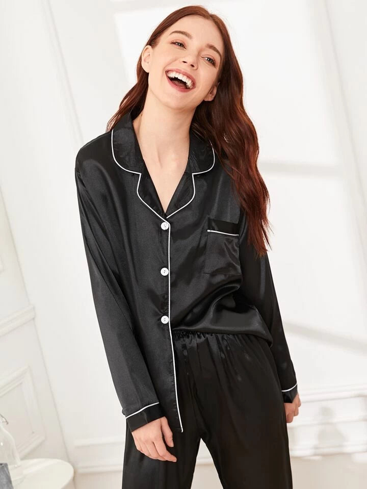 Black Silk pjs with white piping trim