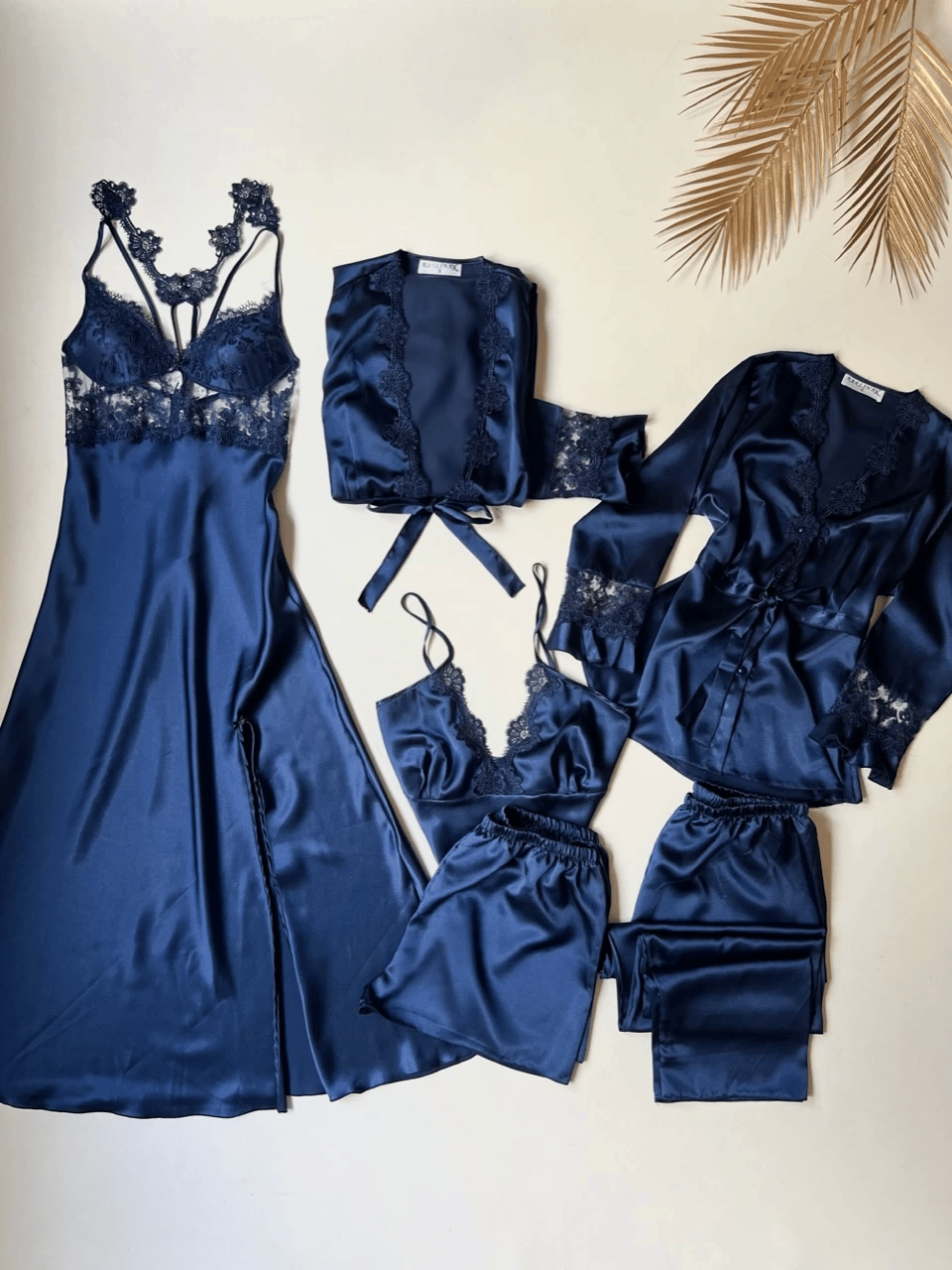 Navy Blue 6 Piece Long Slit Satin Nightgown Dressing Gown Set