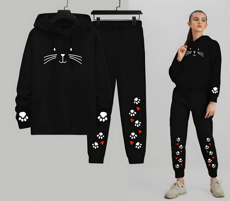 Meow Cat Printed Women Hoodie Trouser Tracksuit