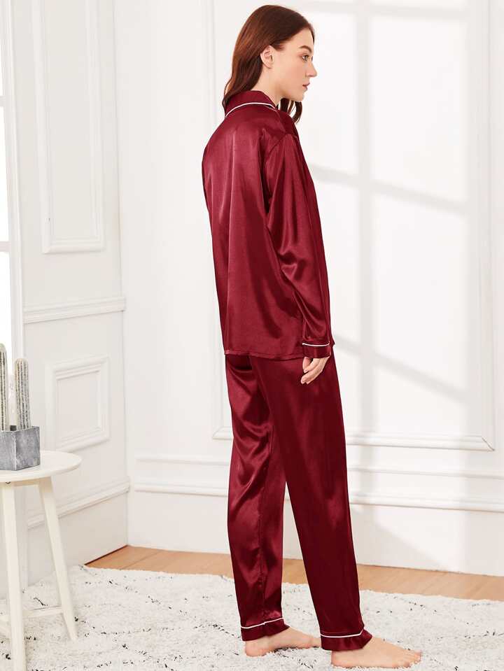 Maroon Plain Silk pjs with white piping trim