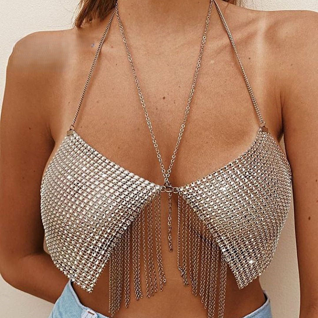 Sajiero Shiny Glitter Diamond Crop Tank