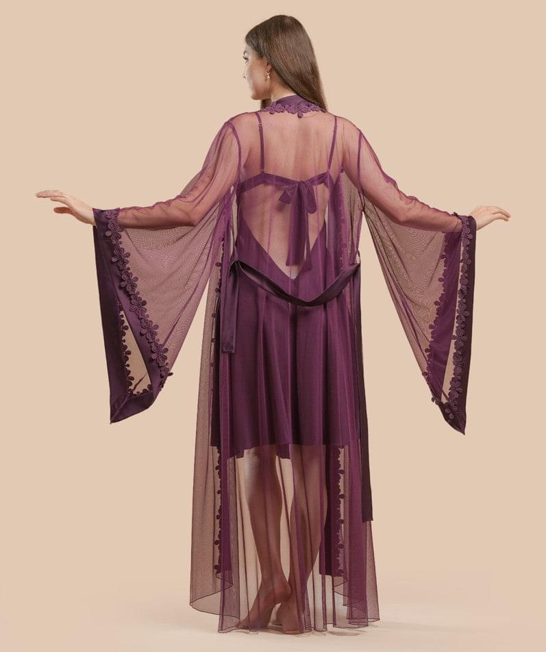 Long Satin & Lace Nightdress & Robe Set - Purple