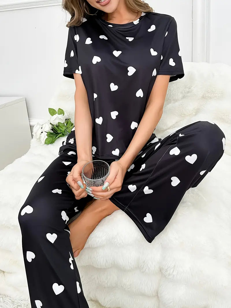 Black White Heart Printed Ladies Night Suit