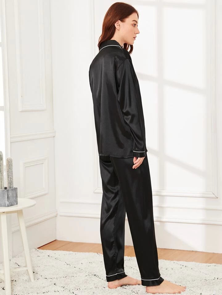 Black Silk pjs with white piping trim