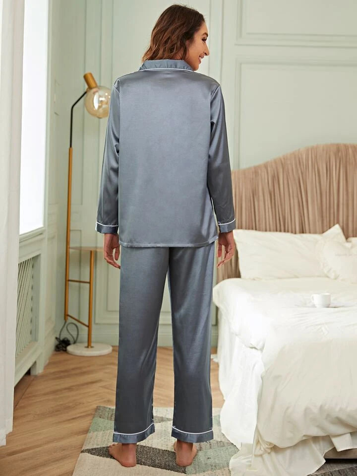 Grey Silk pjs with white piping trim