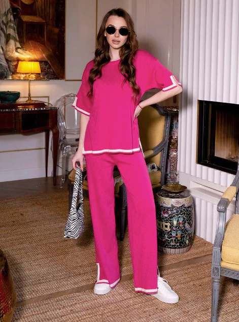 Pink Slit Short Sleeve with Palazzo For Women PJ Set