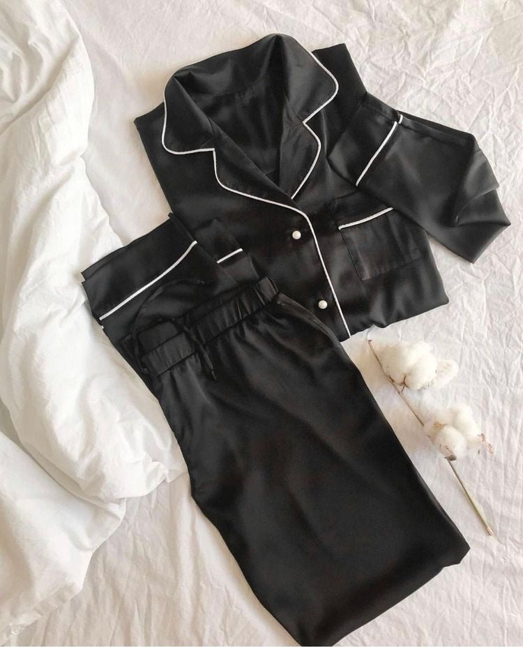 Black Silk pjs with white piping trim