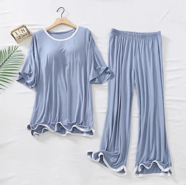 Half sleeves blue with white round neck Pajama Night Suit