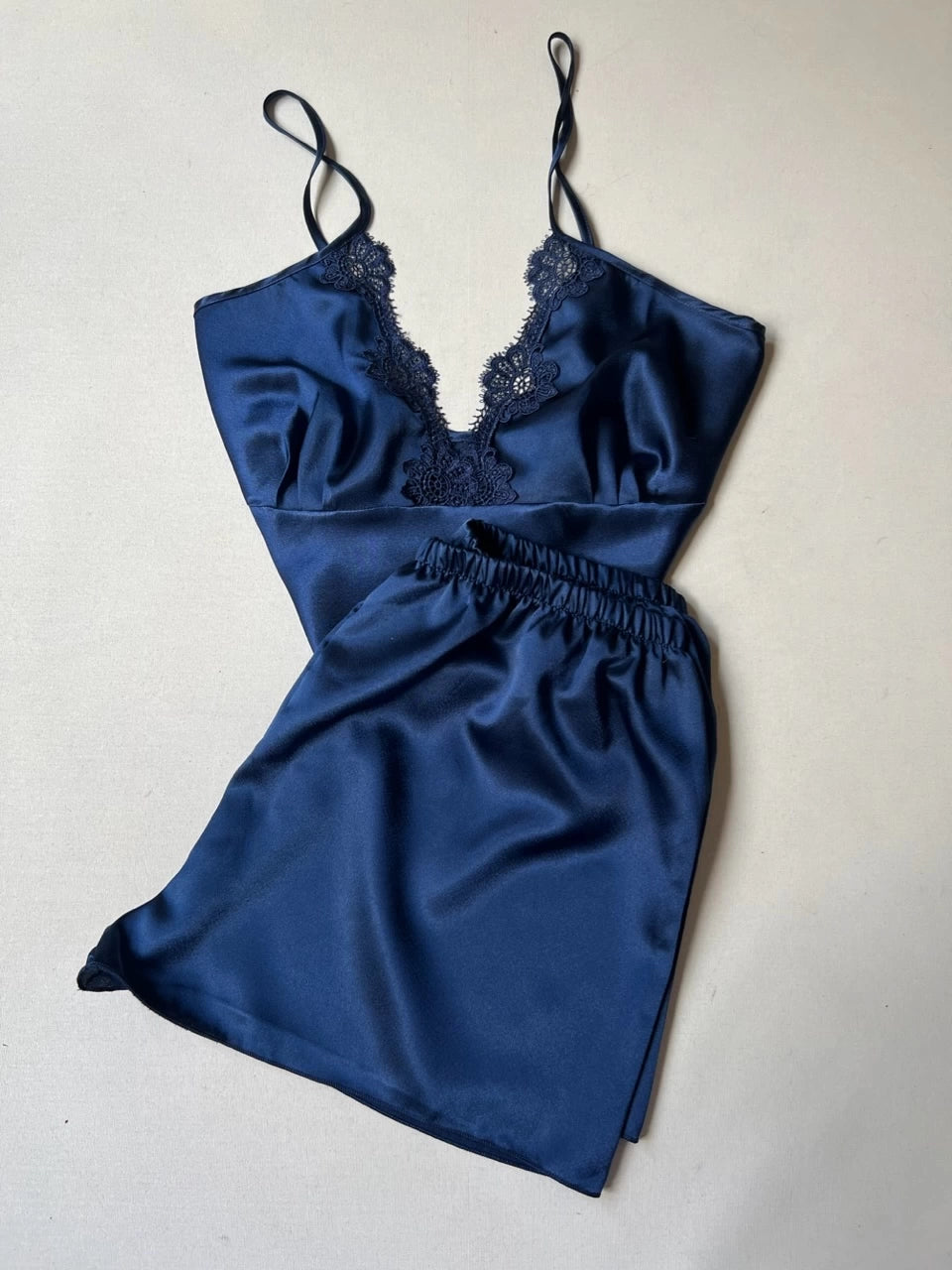 BLUE 6 PCS LONG SLIT SILK NIGHTY SET