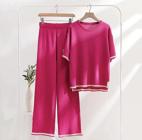 Pink Slit Short Sleeve with Palazzo For Women PJ Set