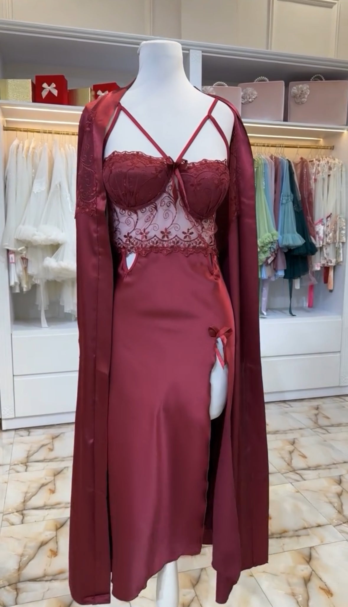 Arabic Style Nightgown Set Maroon 3 PCS