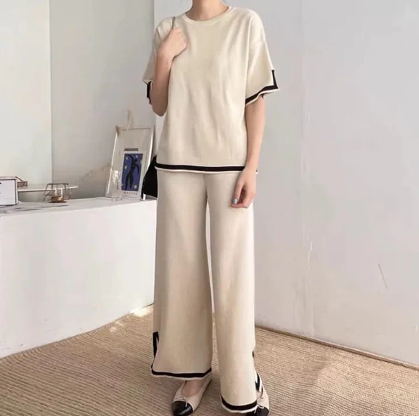 Cream Black Slit Short Sleeve with Palazzo For Women PJ Set