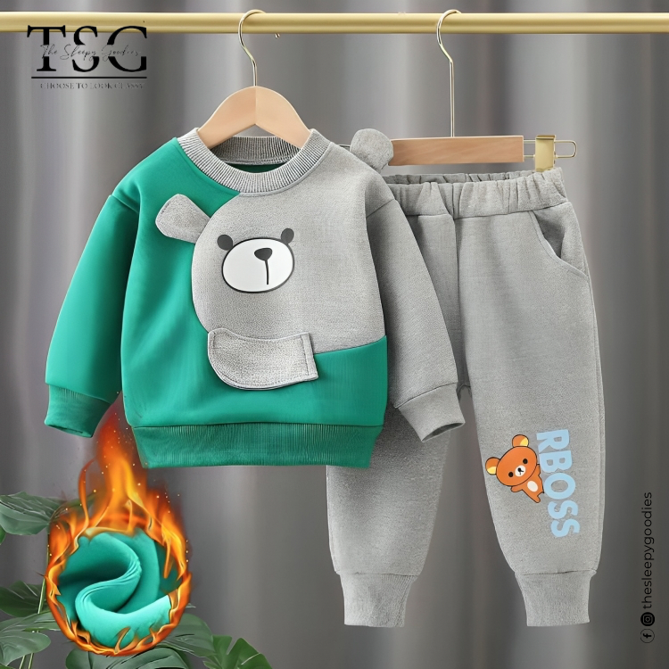 GREEN & GREY CONTRAST PANDA PRINTED KIDS TRACKSUIT