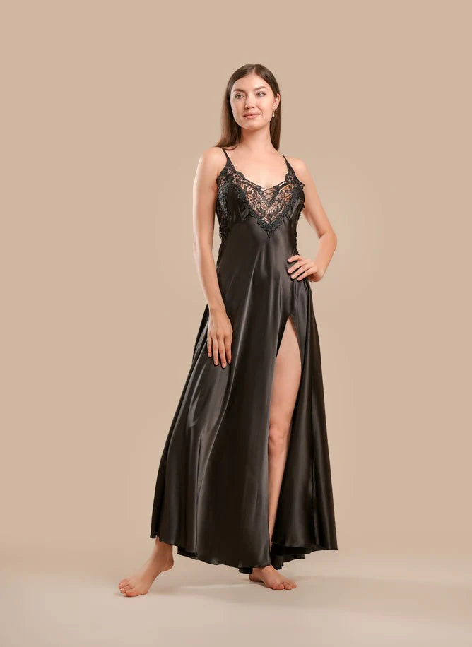 Long Night Dress Satin & Lace - Black