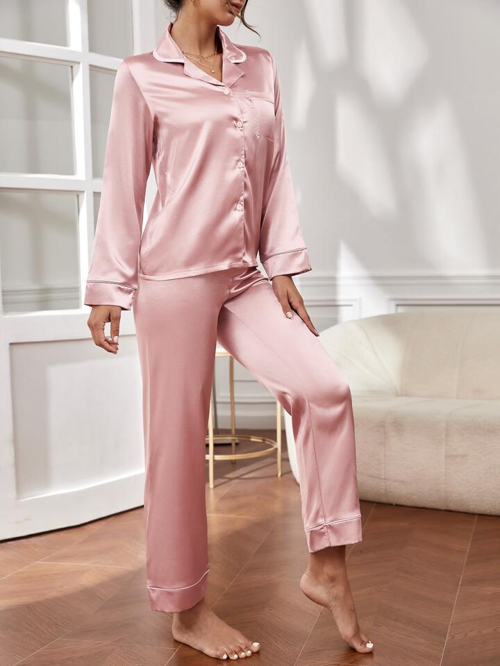 Pink Silk pjs with white piping trim