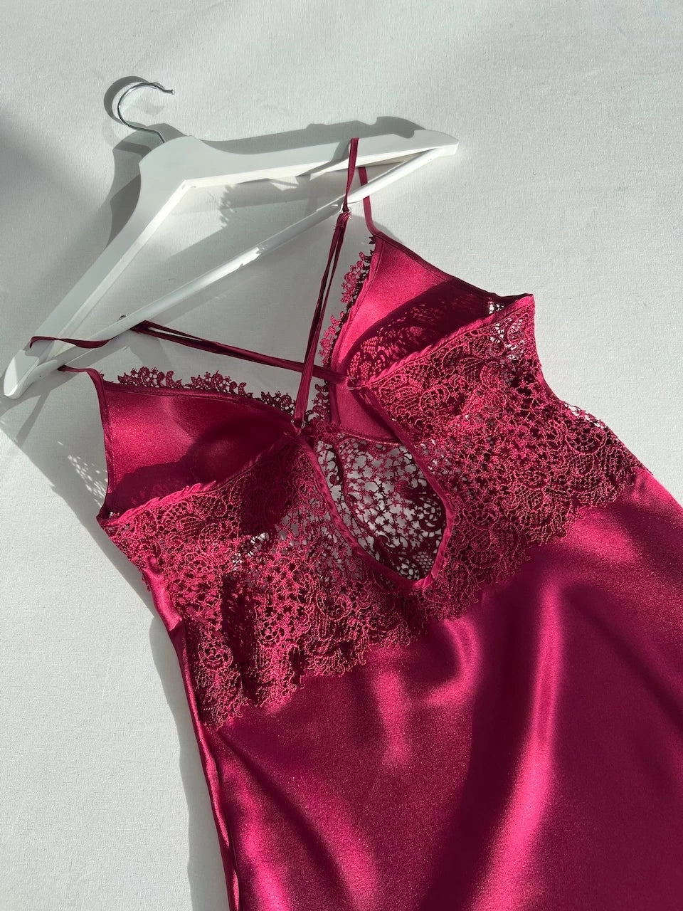 Satin Silk Nighty Set of 4 with Claret Red Guipure Detail