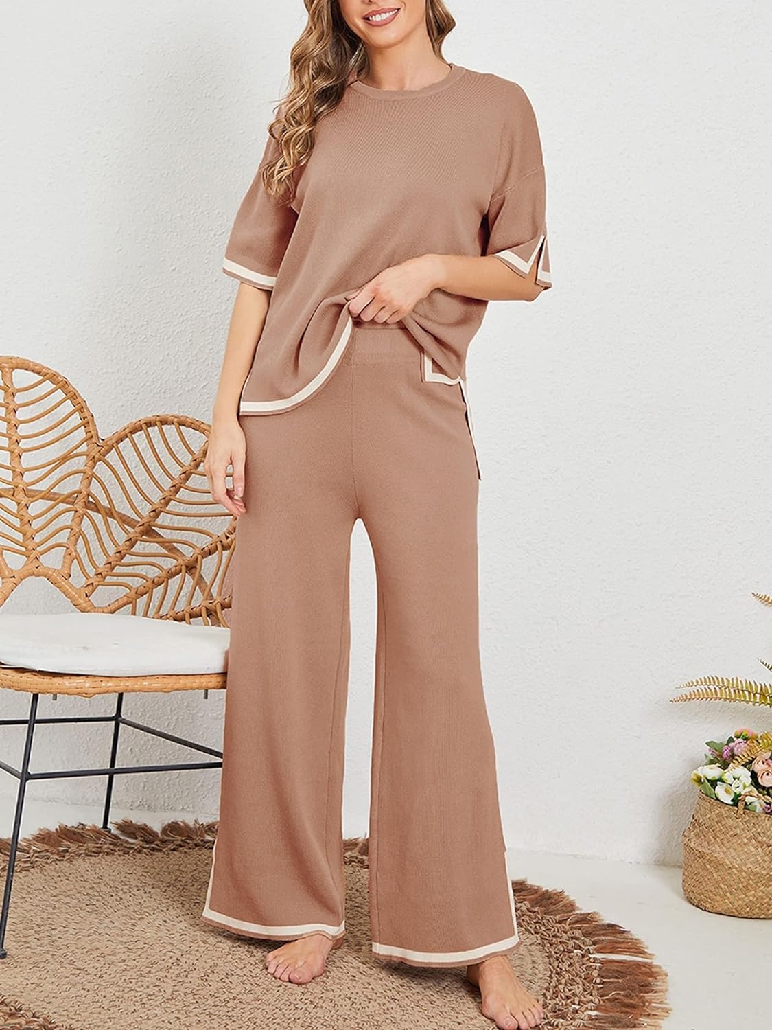 Coffee Brown Slit Short Sleeve with Palazzo For Women PJ Set