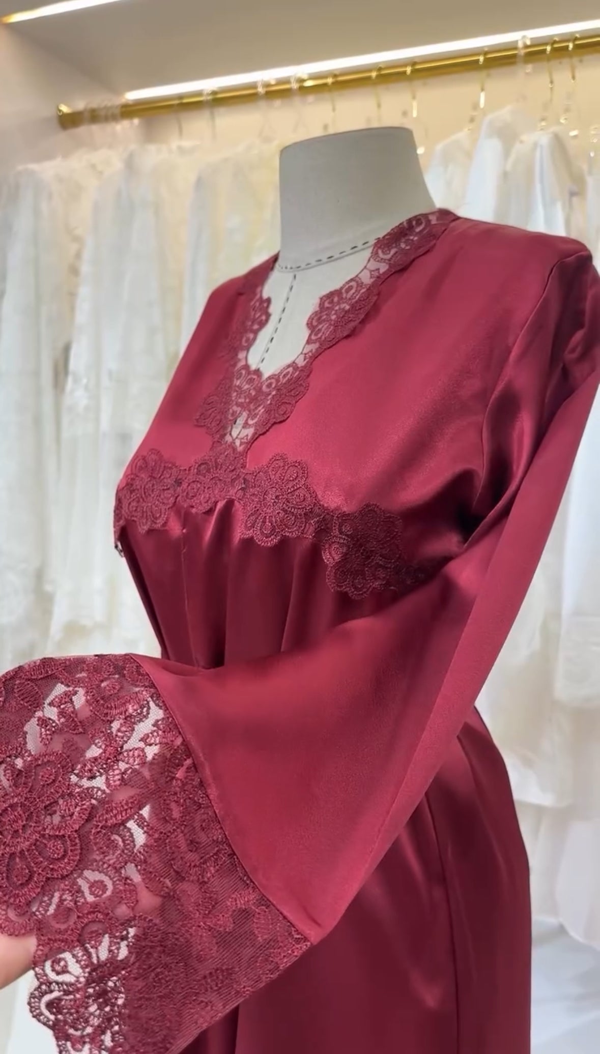 Maroon Bridal Long Gown Nighty Turkish Style