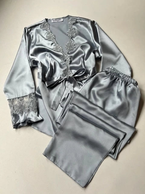 GREY 6 PCS LONG SLIT SILK NIGHTY SET