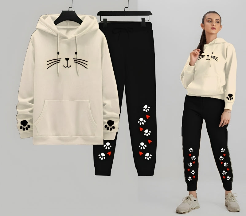 Meow Cat Printed Women Hoodie Trouser Tracksuit