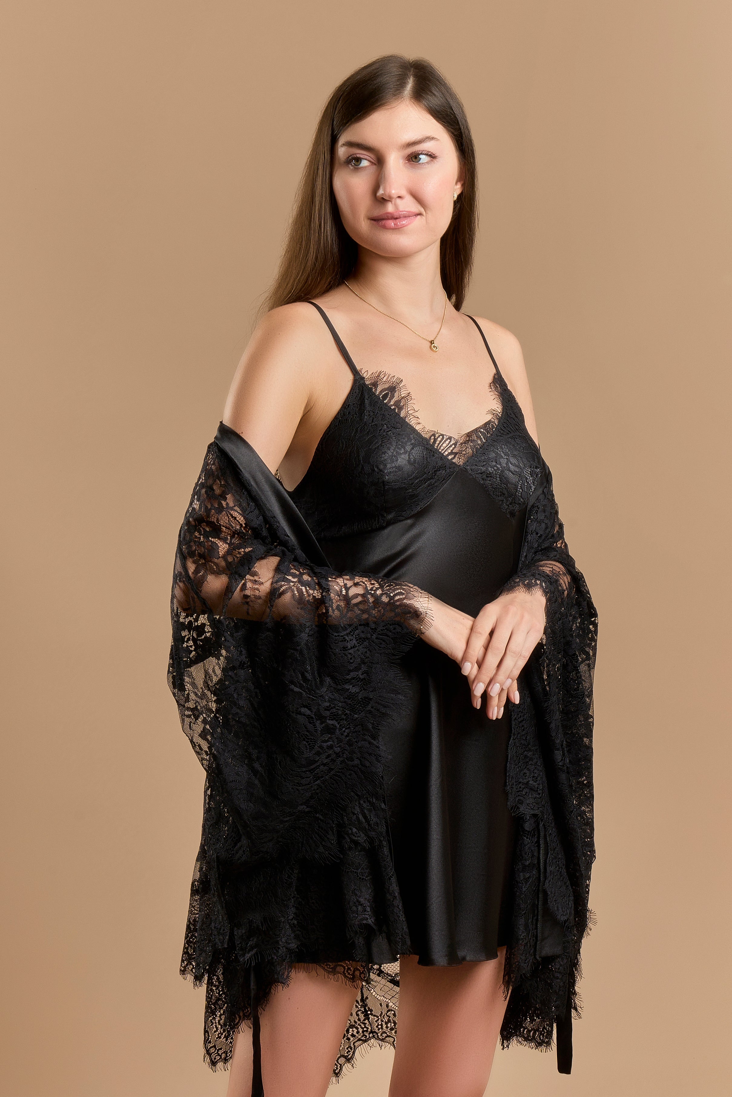 Lace & Satin Short Nightdress & Robe Set - Black