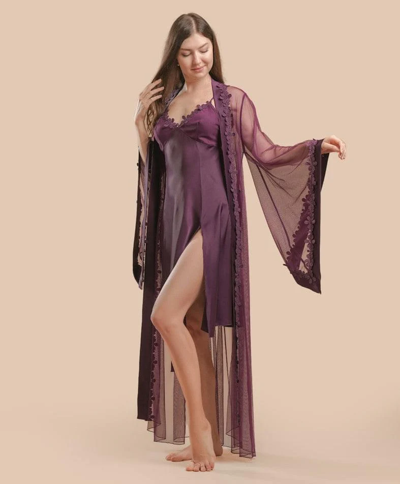 Long Satin & Lace Nightdress & Robe Set - Purple