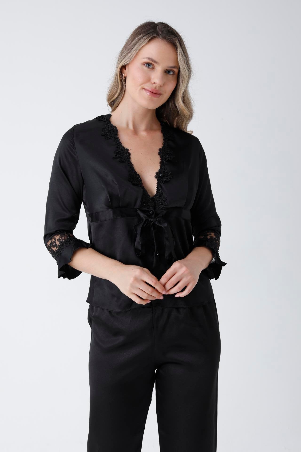 Black 6 Piece Long Slit Satin Nightgown Dressing Gown Set