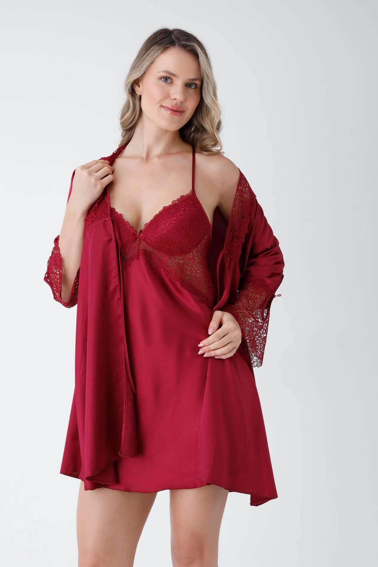 Lace Detailed 6-Piece Satin Nightgown Dressing Gown Nighty Set