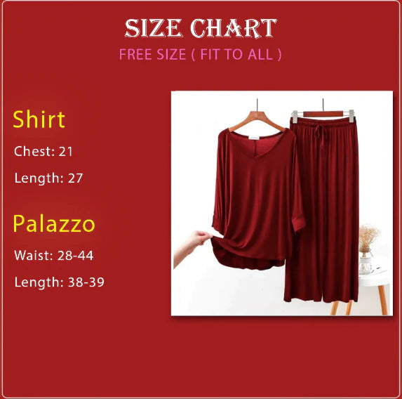 Red V-Neck Palazzo Lounge Wear For Women PJ Set