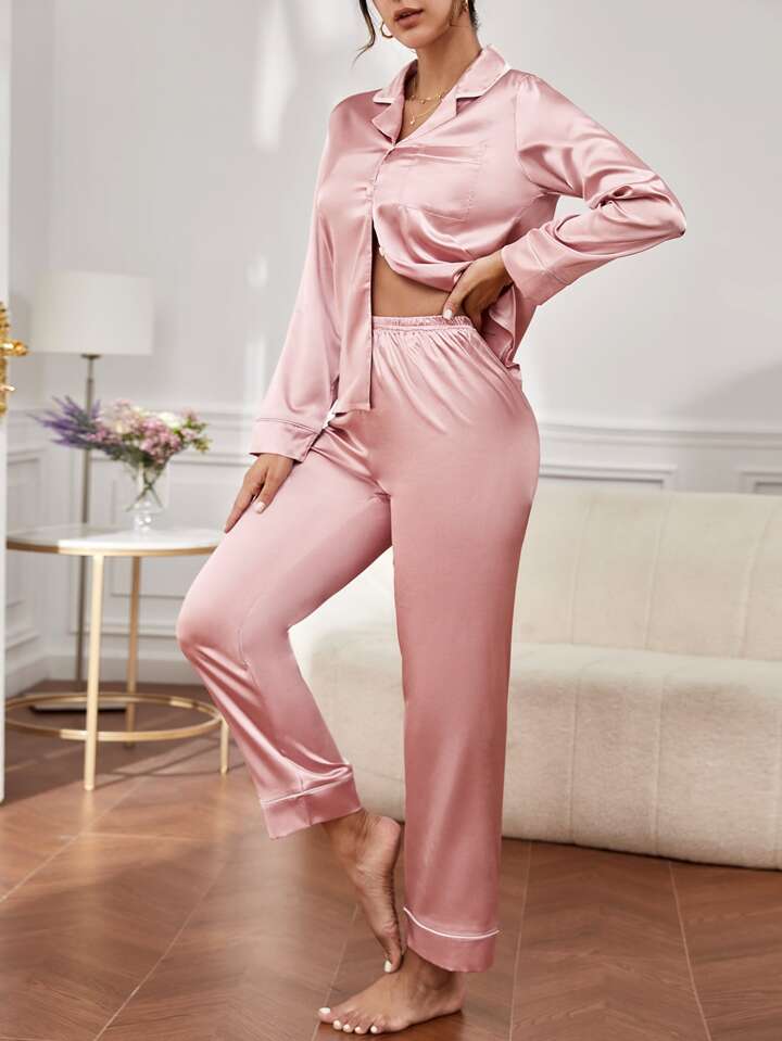 Pink Silk pjs with white piping trim