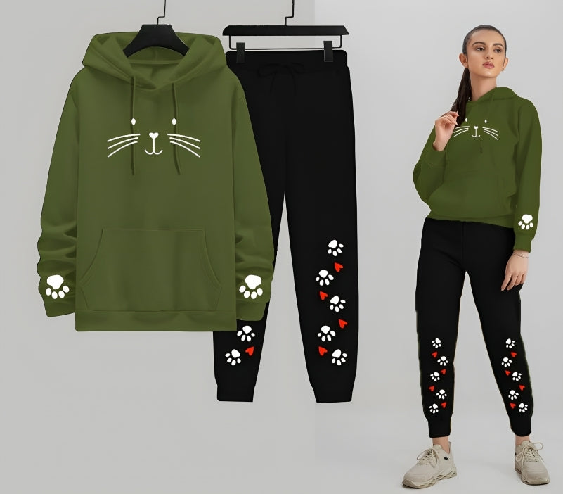 Meow Cat Printed Women Hoodie Trouser Tracksuit