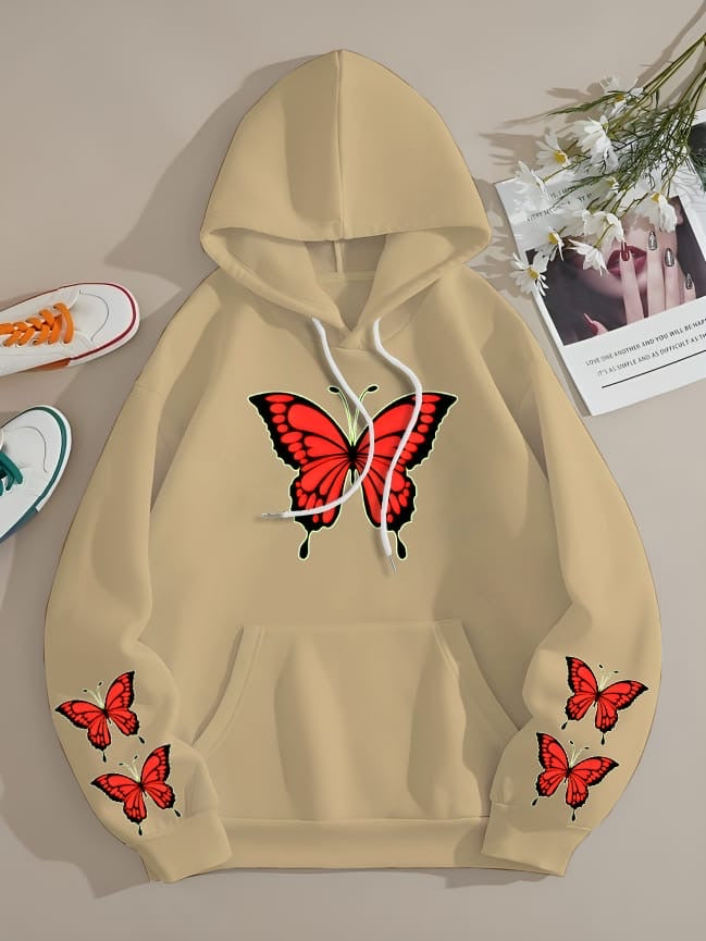 WINTER RED BUTTERFLY PRINTED FLEECE HOODIE