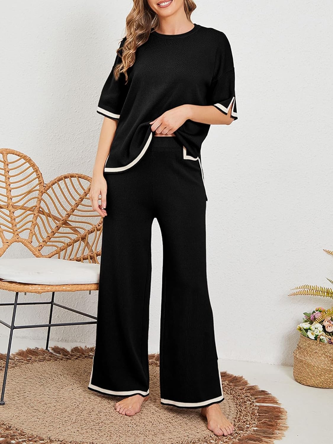 Black Slit Short Sleeve with Palazzo For Women PJ Set