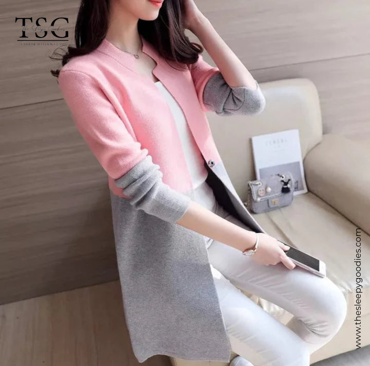 DOUBLE COLOR PINK GREY WOMEN CARDIGAN CASUAL COAT